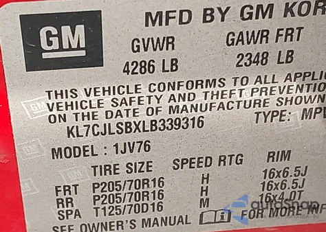 2020 Chevrolet Trax Fwd Lt z USA, uszkodzony, nr VIN KL7CJLSBXLB339316